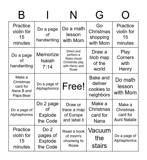 Finn's Bingo Board Bingo Card