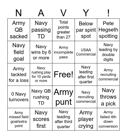 Army Navy Game Bingo Card