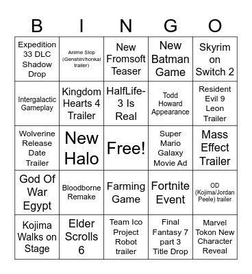Game Awards 2025 Bingo Card