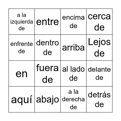 Spanish Preposition Bingo Card