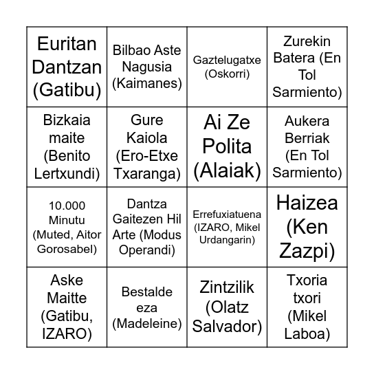 Bingo Musikatua Bingo Card