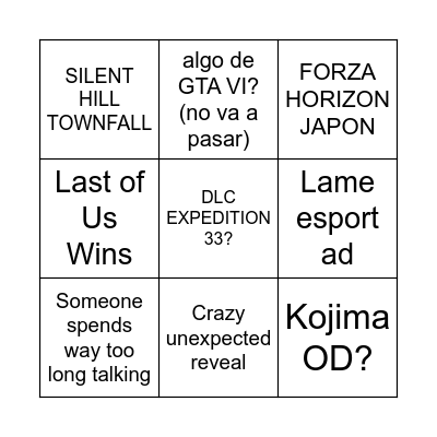 Game Awards Wishlist Bingo Card