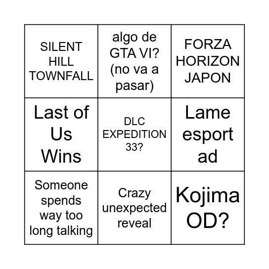 Game Awards Wishlist Bingo Card