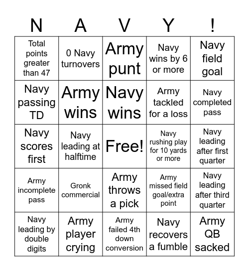 Army Navy Game Bingo Card