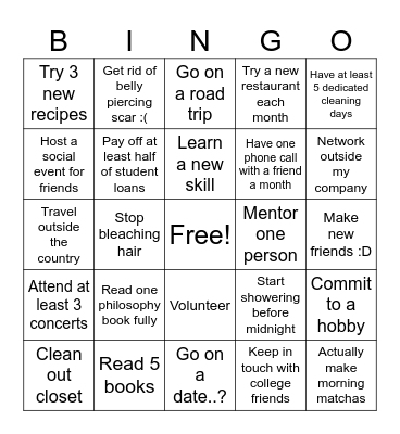New Year's Resolutions Bingo Card