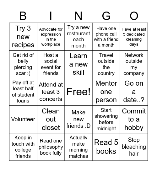 New Year's Resolutions Bingo Card