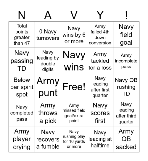 Army Navy Game Bingo Card