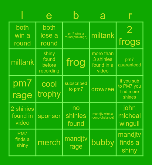 PM7 leaderboard bingo Card