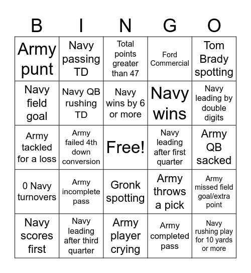 Army vs Navy Game Bingo Card