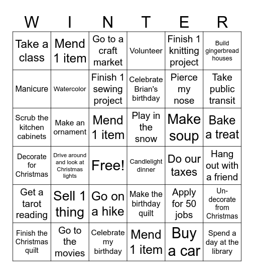 December 1 - March 15 Bingo Card