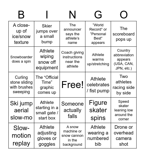 Winter Olympic Bingo Card