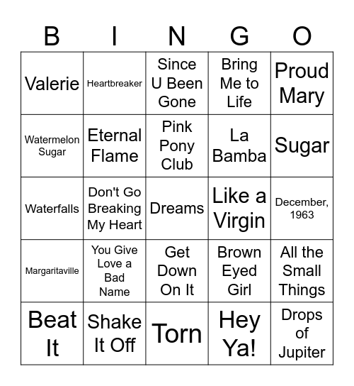 Sing-Along Songs Bingo #1 Bingo Card
