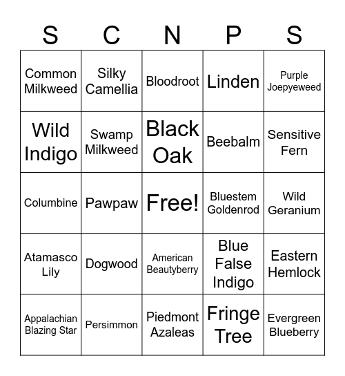 SC NATIVE PLANT BINGO Card