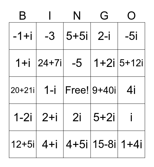Complex Numbers Bingo Card