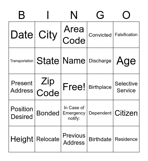 Job Application Vocabulary Bingo Card