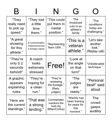 Winter Olympic Bingo Card