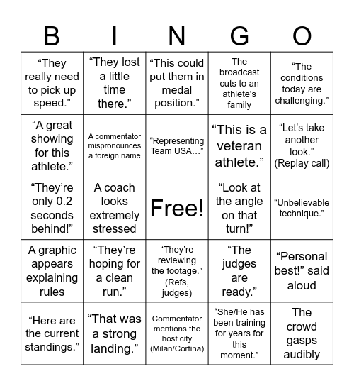 Winter Olympic Bingo Card