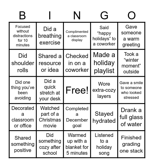 Staff Holiday Bingo Card