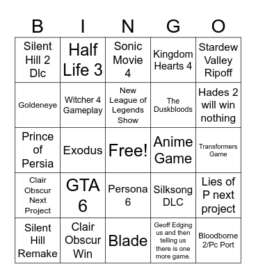 Game Awards Bingo Card