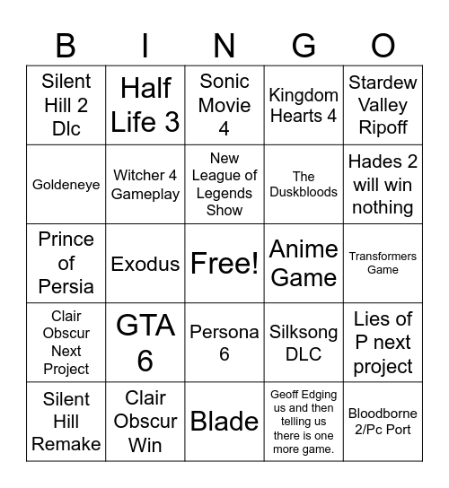Game Awards Bingo Card