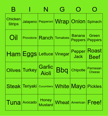 Subway Bingo Card