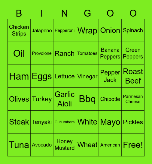 Subway Bingo Card