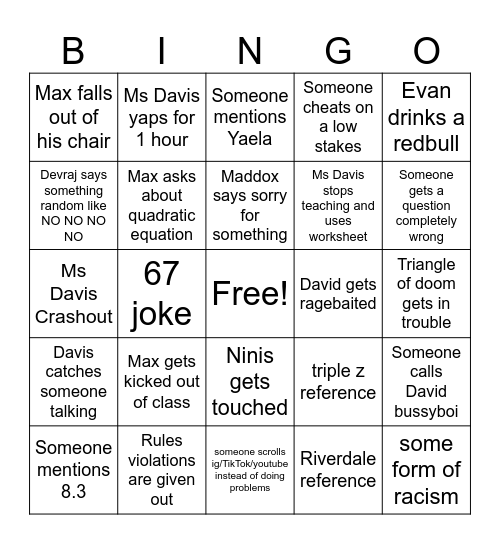 Math Class BINGO Card