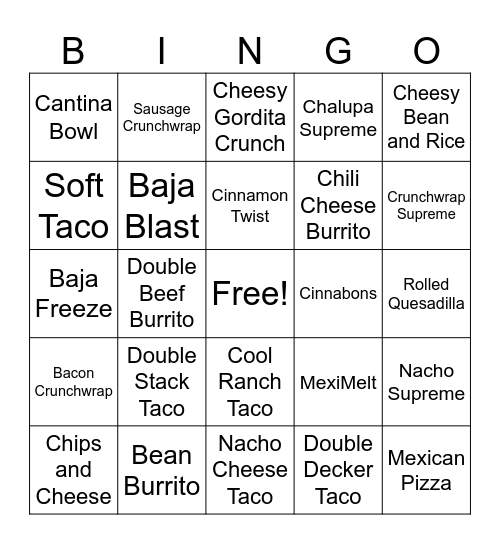 Taco Bell Christmas 2025 Bingo Card