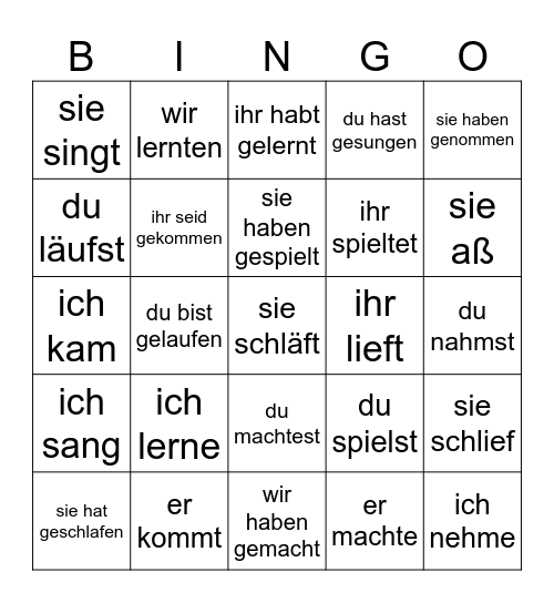 Zeitformen der Verben Bingo Card