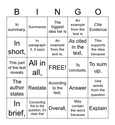 Writing Bingo Card