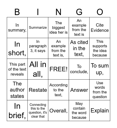 Writing Bingo Card