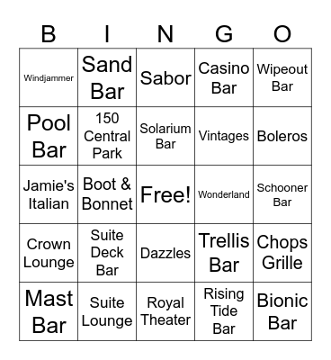 Harmony of the Seas Pub Bingo Card