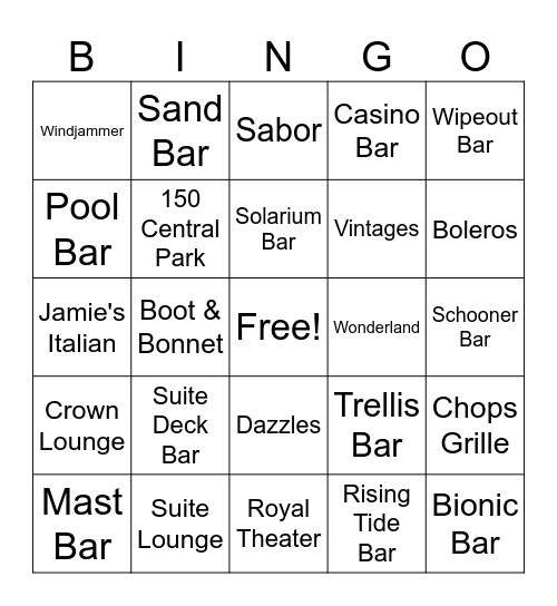 Harmony of the Seas Pub Bingo Card