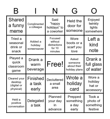 Staff Holiday Bingo Card