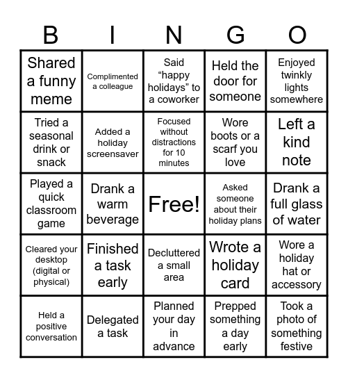 Staff Holiday Bingo Card