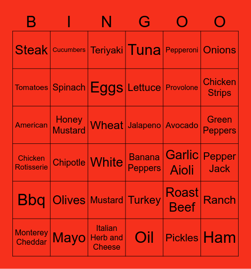 Subway Bingo Card