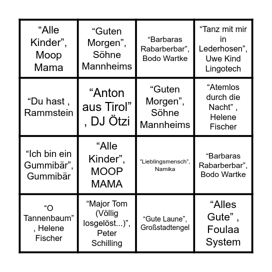 Musikbingo - Deutsche Hits Bingo Card