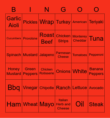 Subway Bingo Card
