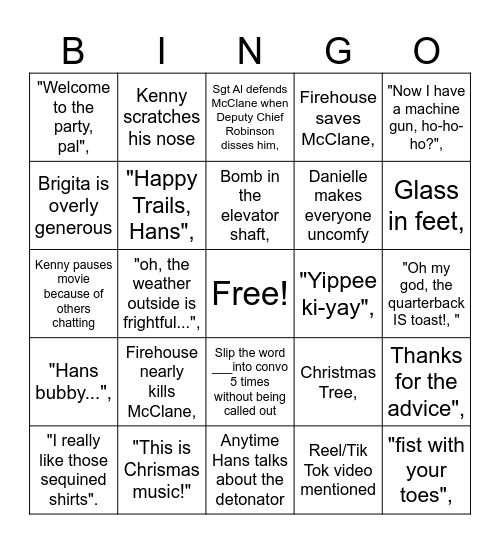 Christmas Movie Wednesdays - Die Hard Bingo Card