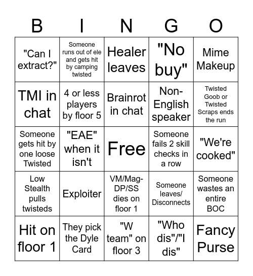 DW Matchmaking Bingo Card