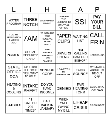 LIHEAP Bingo Card