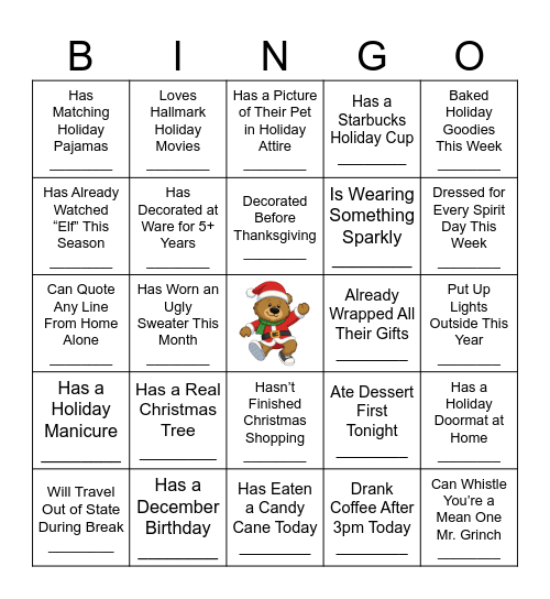 💚 Ware Bear Merry Mingle ❤️ Find Someone Who... Bingo Card