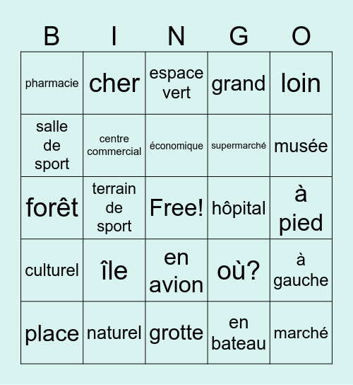 y2u2 fr ville transports prepsitions adjectifs Bingo Card