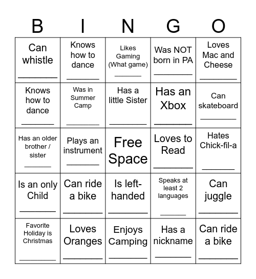 YOUTH HUMAN BINGO Card