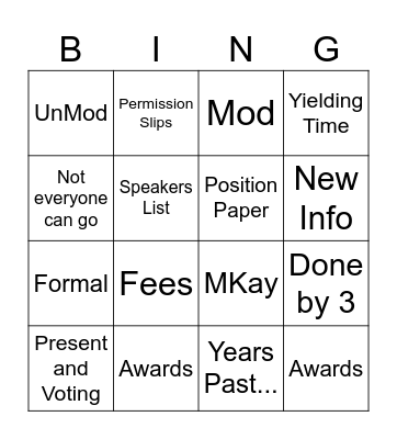 Model UN Bingo Card