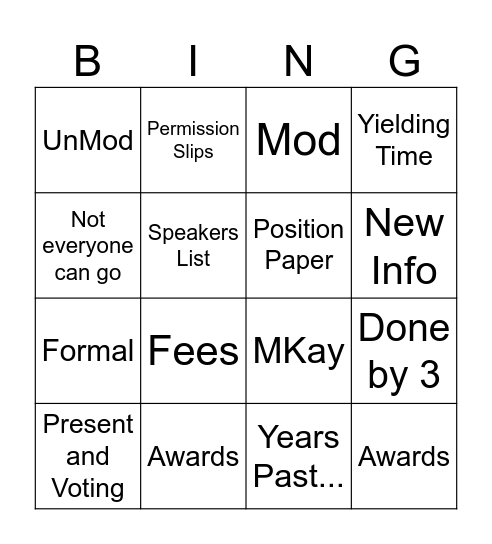 Model UN Bingo Card