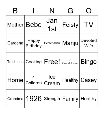 Grandma's 100th Birthday Bingo Card