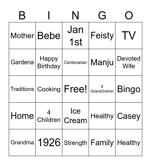 Grandma's 100th Birthday Bingo Card