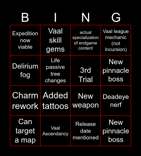 Fate of the Vaal 0.4 Bingo Card