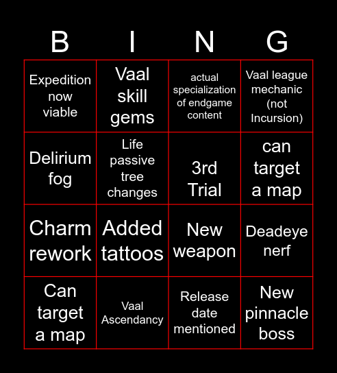 Fate of the Vaal 0.4 Bingo Card
